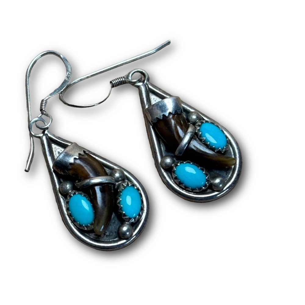 Vintage Sterling Silver Turquoise & Tiger’s Eye Dangle Earrings – Signed LH